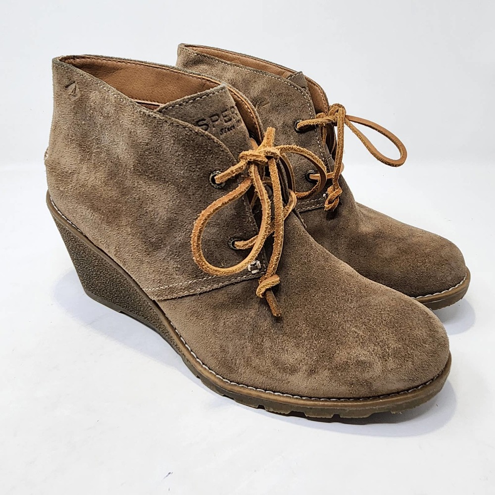 Sperry Top Sider Stella Prow Brown Suede Ankle Wedge Booties 9 M Lace Up Boots - Picture 1 of 8
